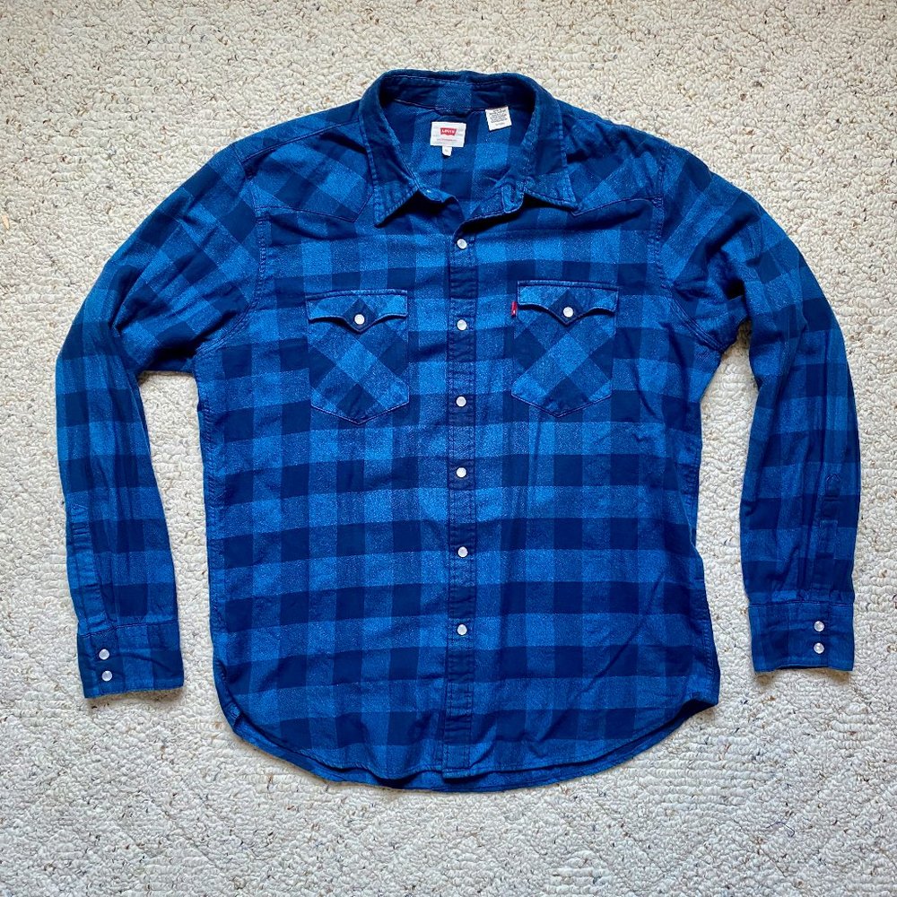 Levi's Barstow Flannel Western Shirt - Blue Buffalo Plaid - XL